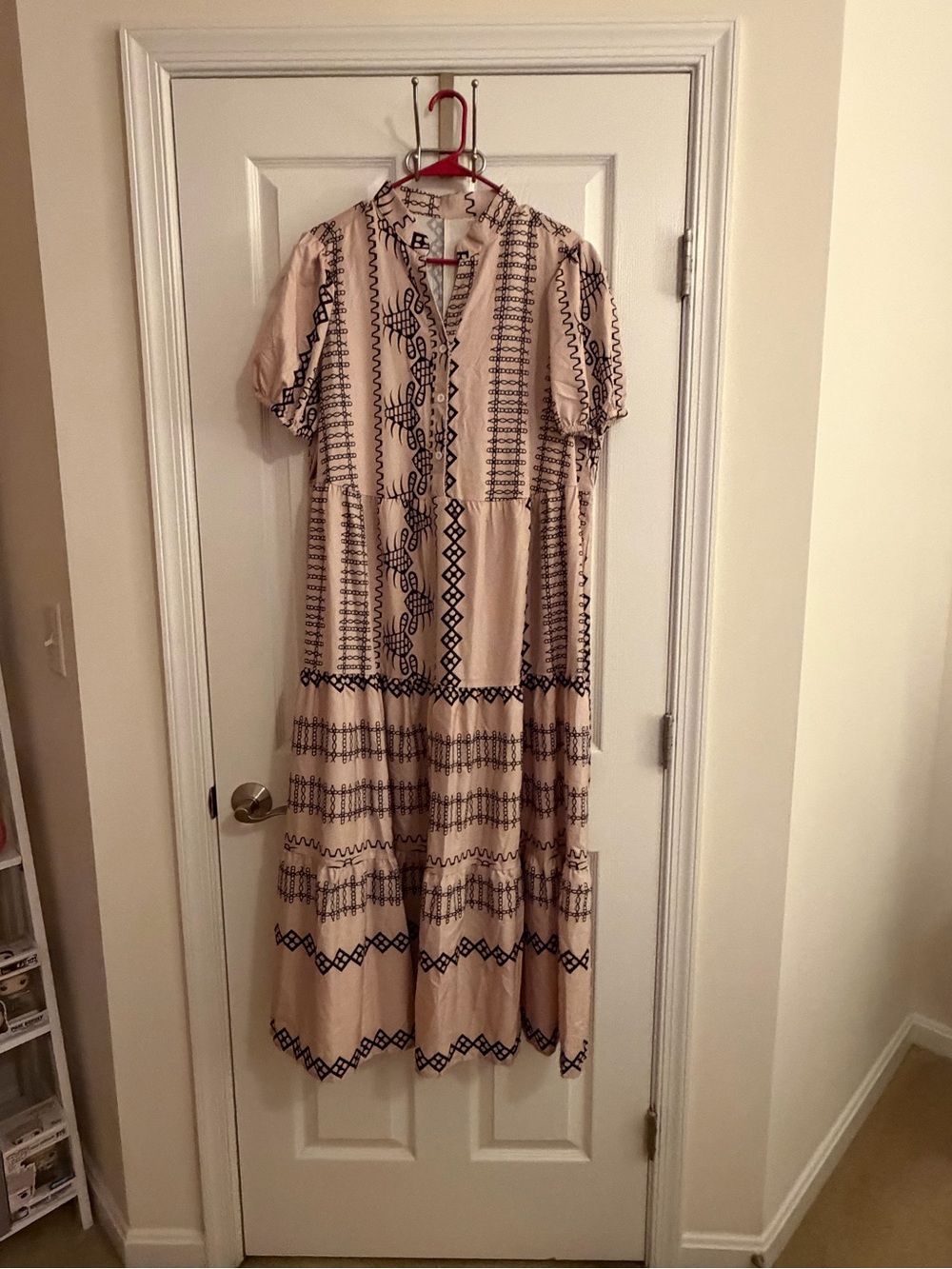 SHEIN Beige Maxi Dress with Navy Geometric Embroidery